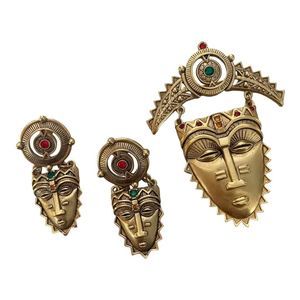 Avon Gold Vintage Brooch Earrings Set Aztec Mayan Face Mask